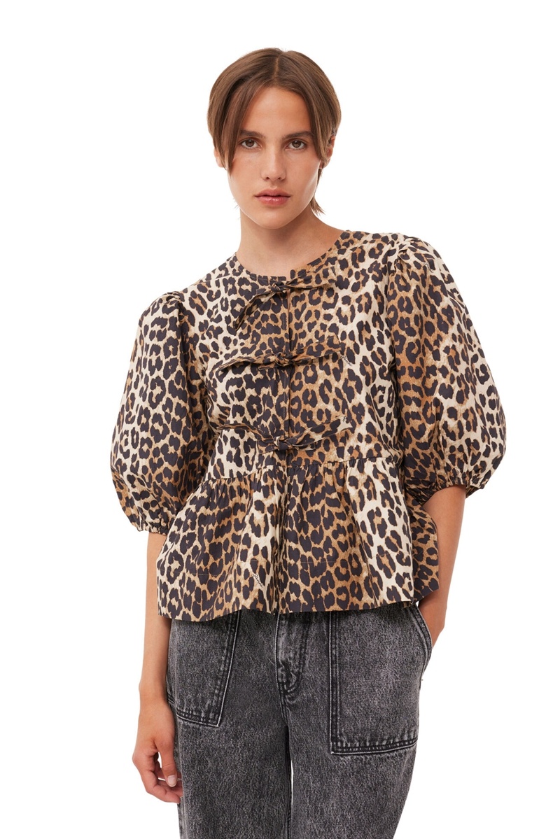 Ganni Leopard Baumwoll Poplin Bluse Leopard | AEGFN1467