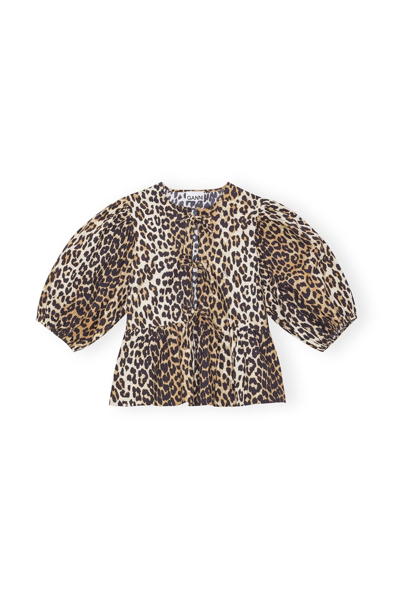 Ganni Leopard Baumwoll Poplin Bluse Leopard | AEGFN1467