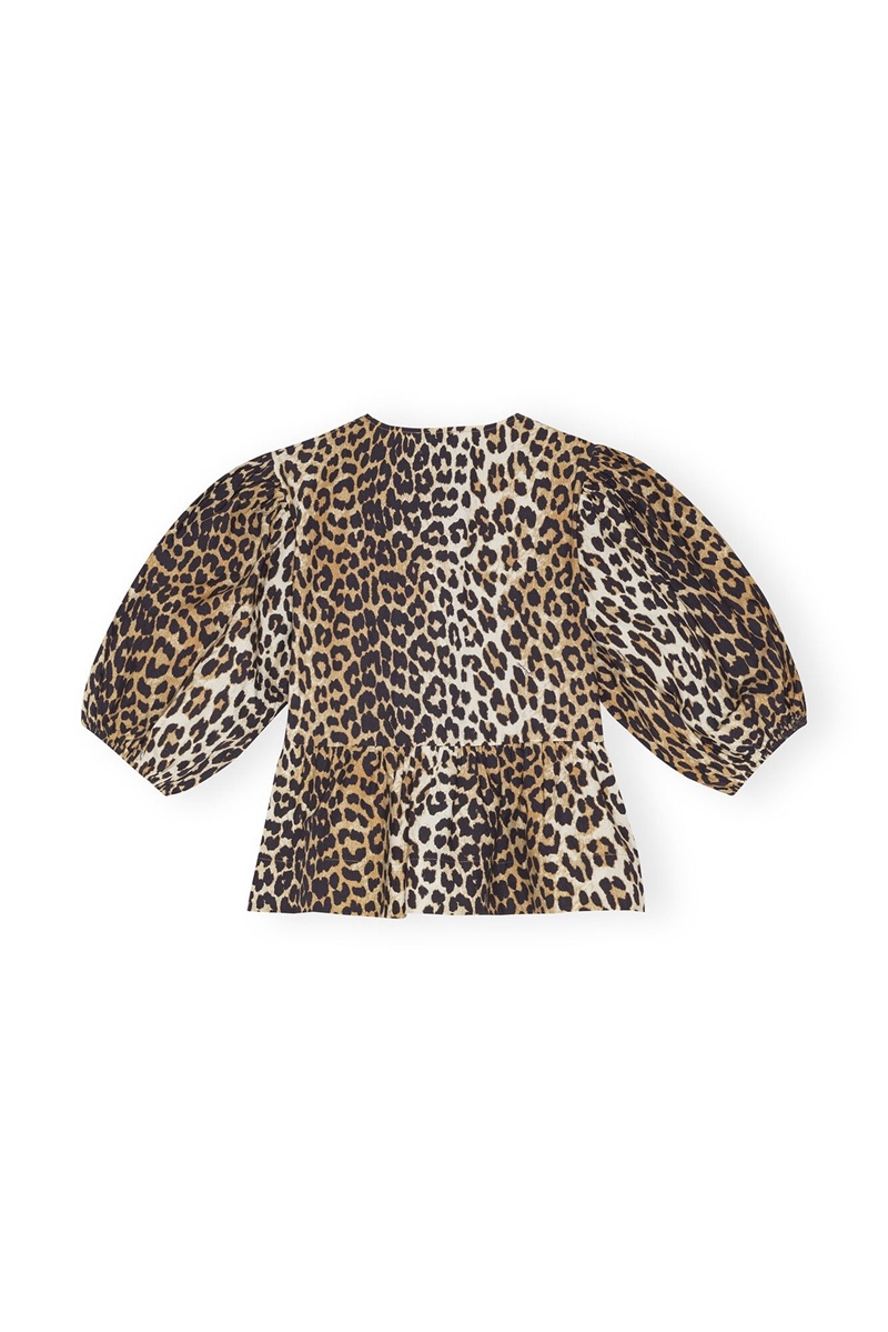 Ganni Leopard Baumwoll Poplin Bluse Leopard | AEGFN1467