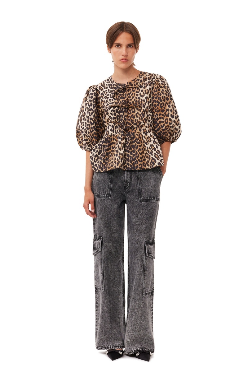 Ganni Leopard Baumwoll Poplin Bluse Leopard | AEGFN1467