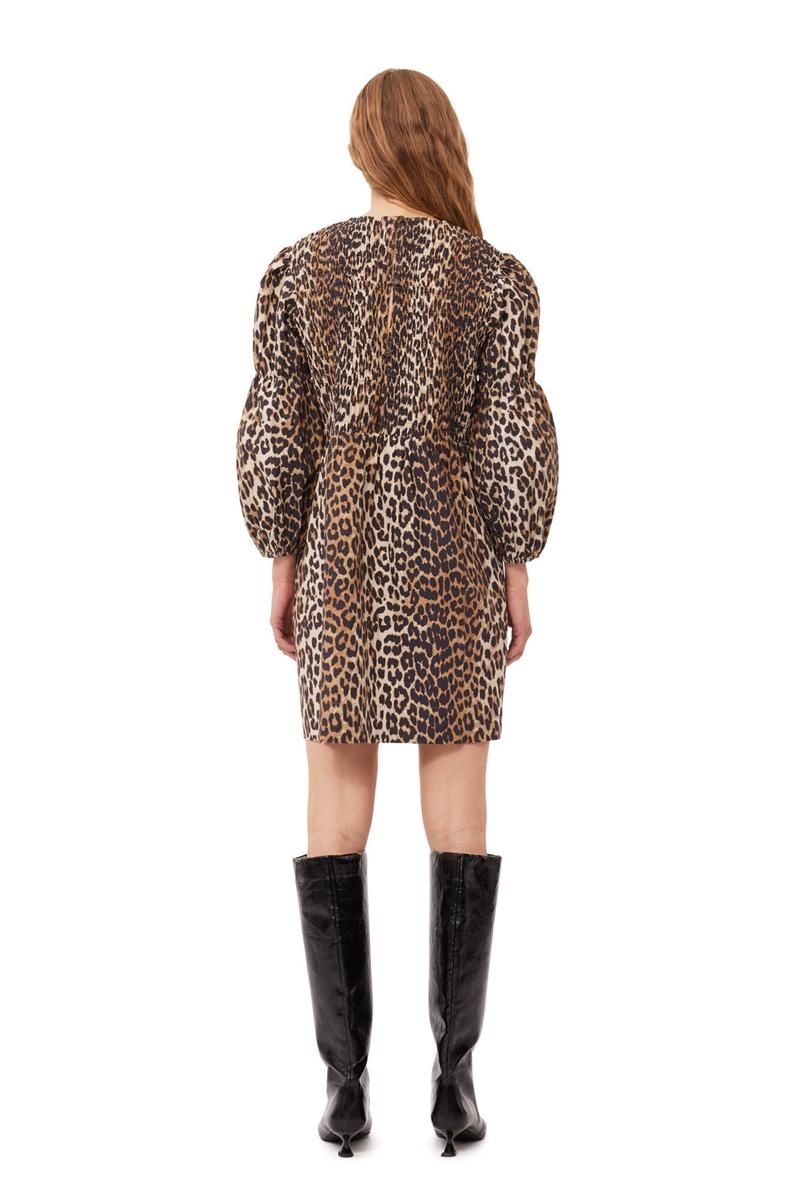 Ganni Leopard Baumwoll Poplin Smock Minikleid Leopard | UEMAC4817