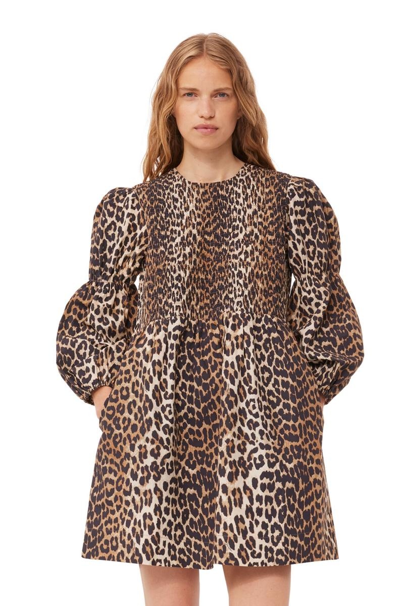 Ganni Leopard Baumwoll Poplin Smock Minikleid Leopard | UEMAC4817