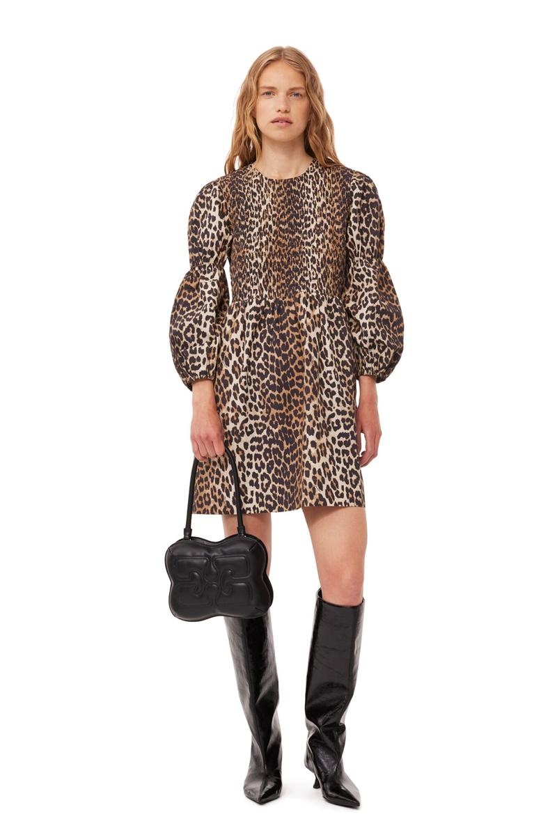 Ganni Leopard Baumwoll Poplin Smock Minikleid Leopard | UEMAC4817