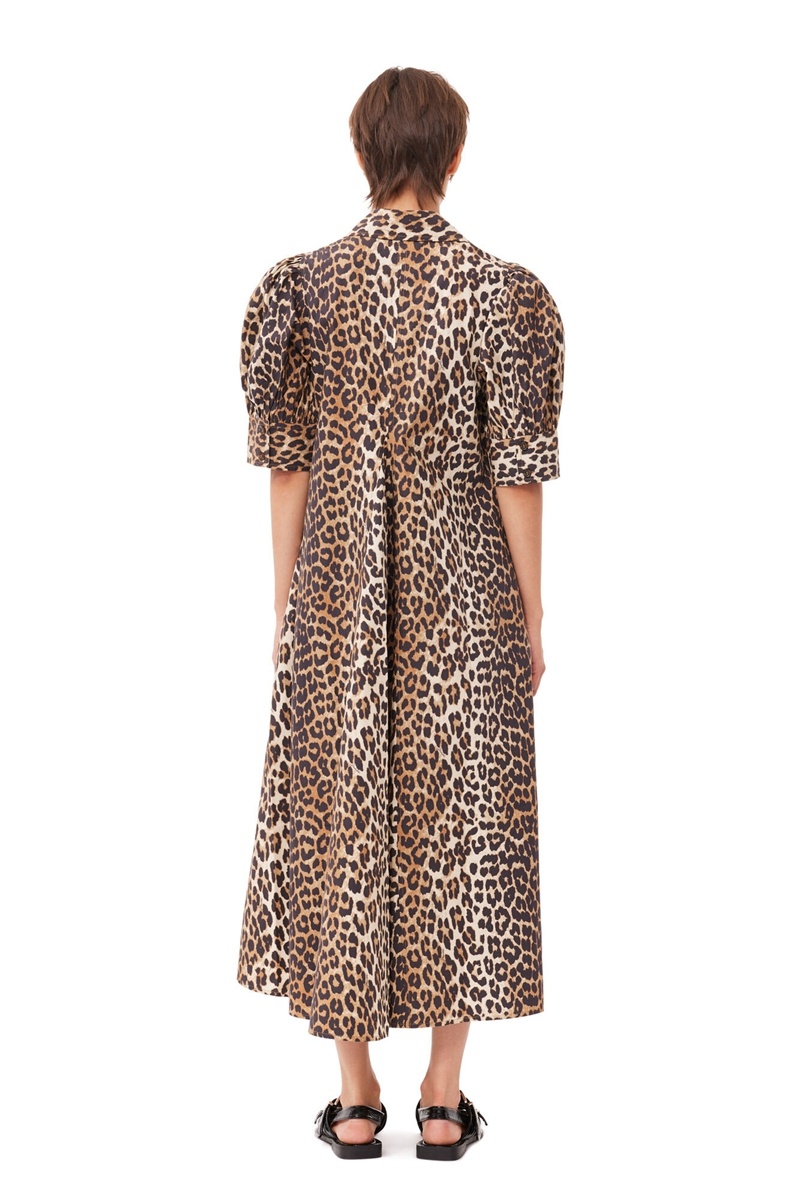 Ganni Leopard Baumwoll Poplin V-neck Maxikleid Leopard | RCEBP9480