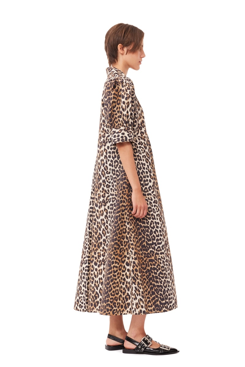 Ganni Leopard Baumwoll Poplin V-neck Maxikleid Leopard | RCEBP9480