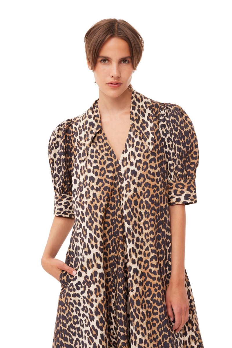 Ganni Leopard Baumwoll Poplin V-neck Maxikleid Leopard | RCEBP9480