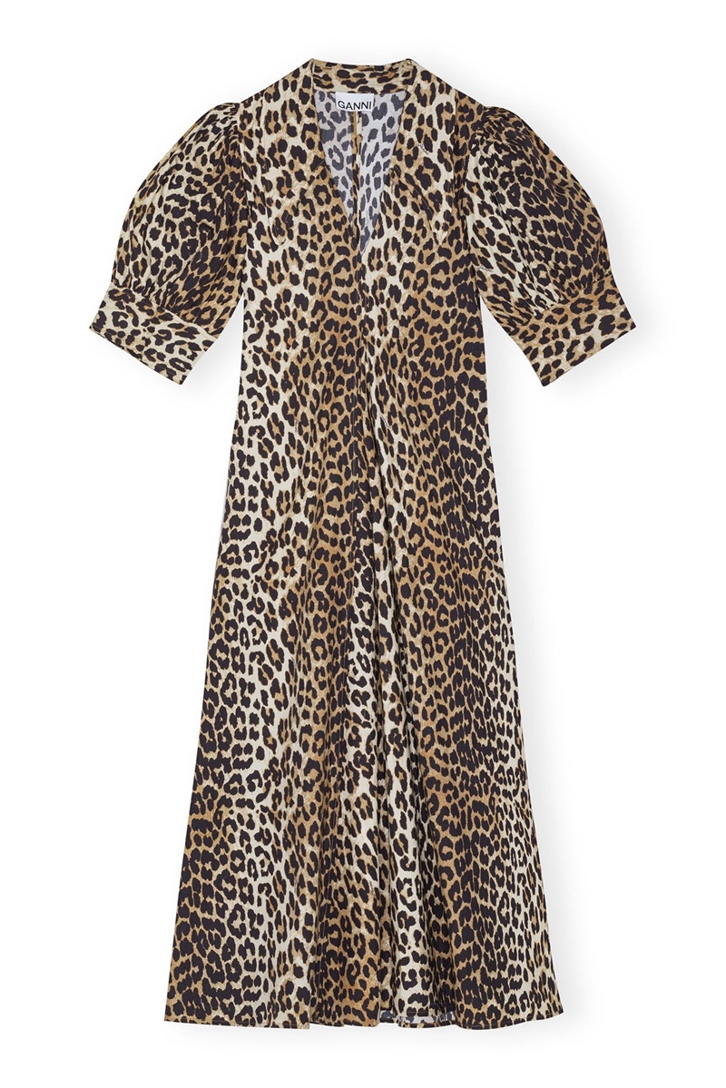 Ganni Leopard Baumwoll Poplin V-neck Maxikleid Leopard | RCEBP9480