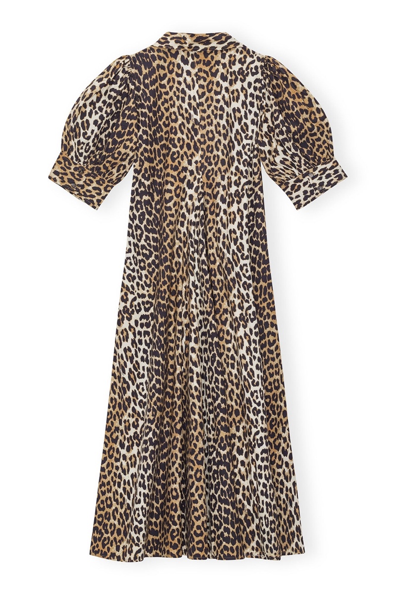 Ganni Leopard Baumwoll Poplin V-neck Maxikleid Leopard | RCEBP9480