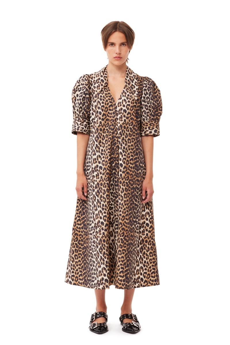 Ganni Leopard Baumwoll Poplin V-neck Maxikleid Leopard | RCEBP9480