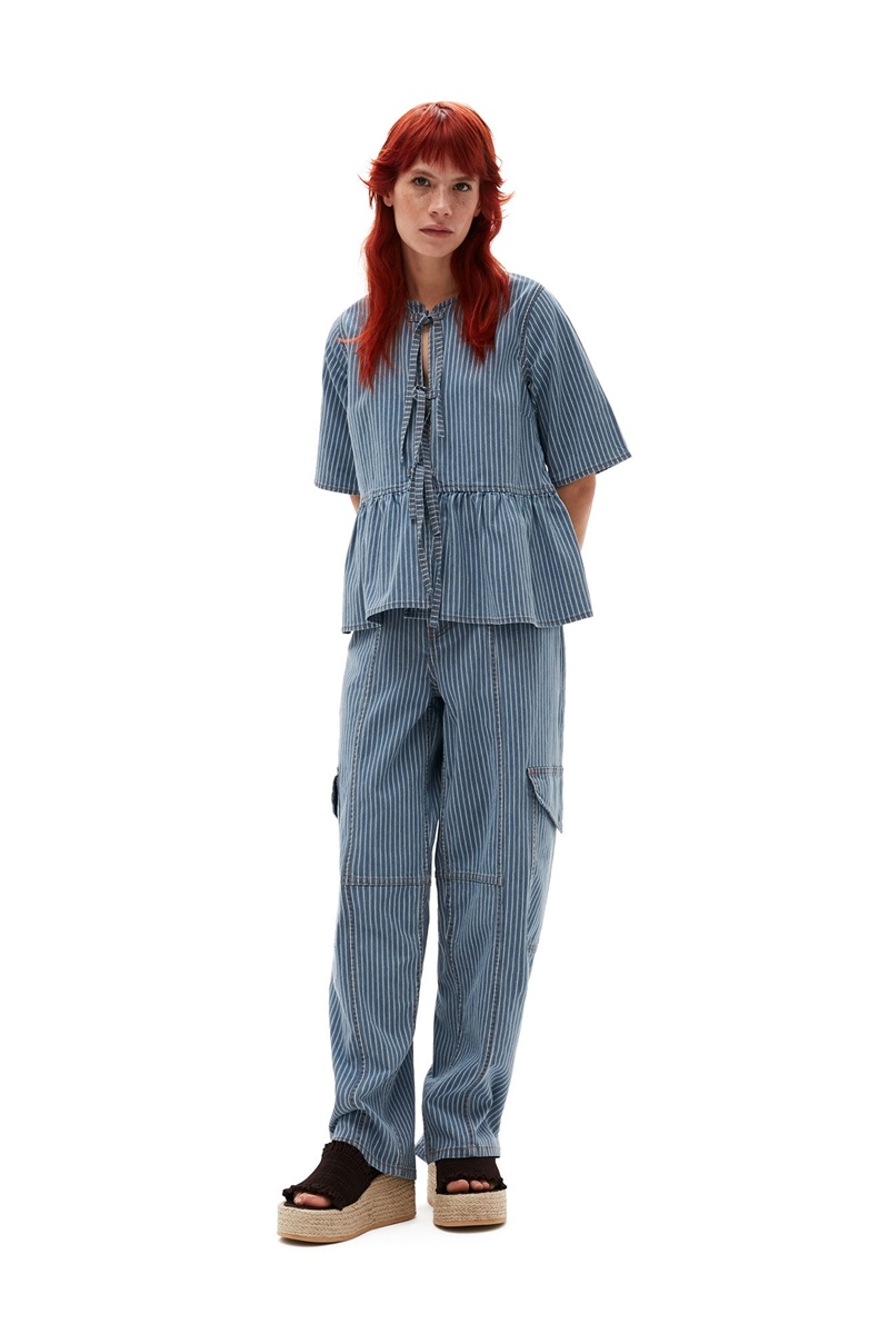 Ganni Light Stripe Denim Cargo Hose Blau Grau | ANKBS1539