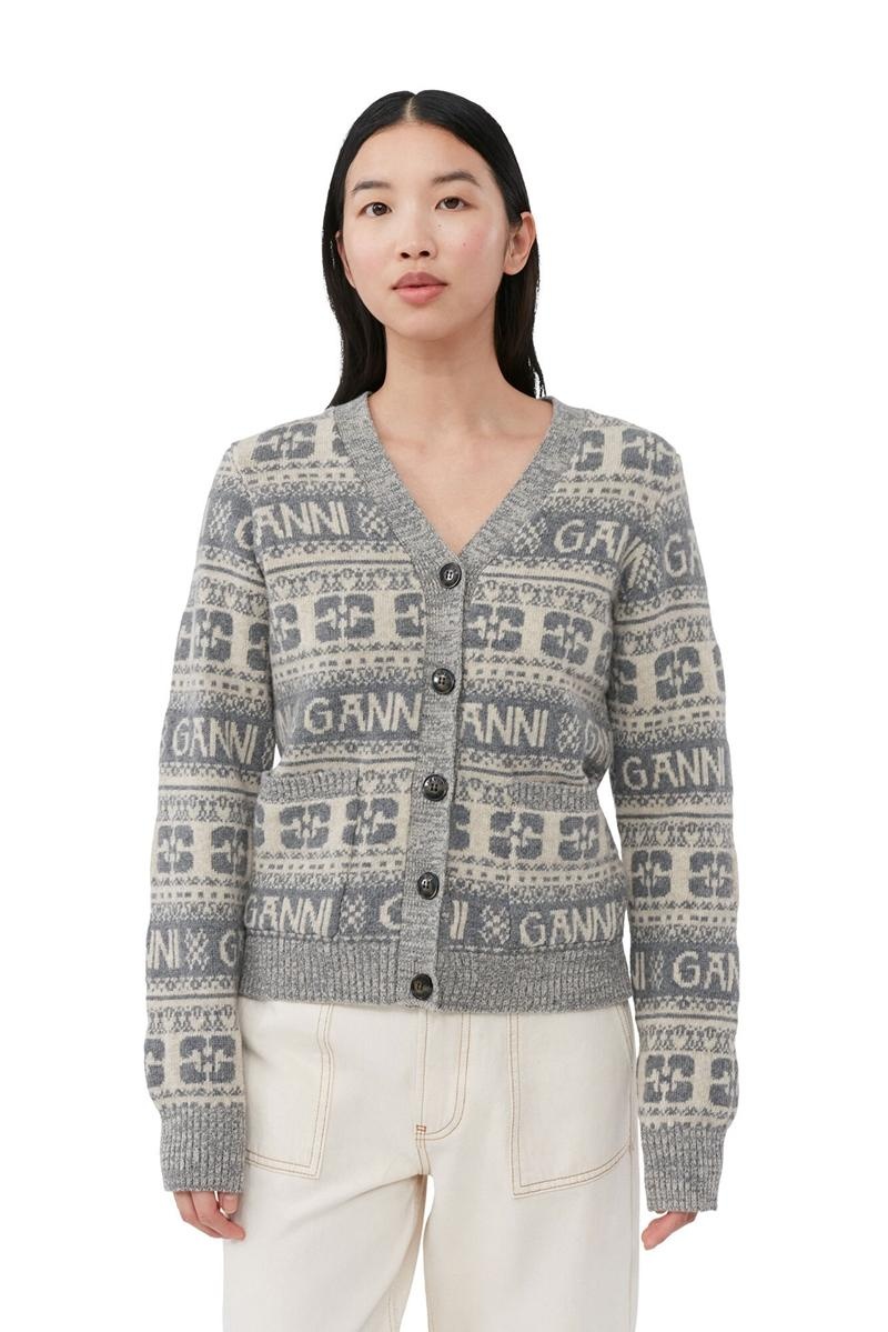 Ganni Logo Wolle Mix Strickjacke Grau | MDKHY9742