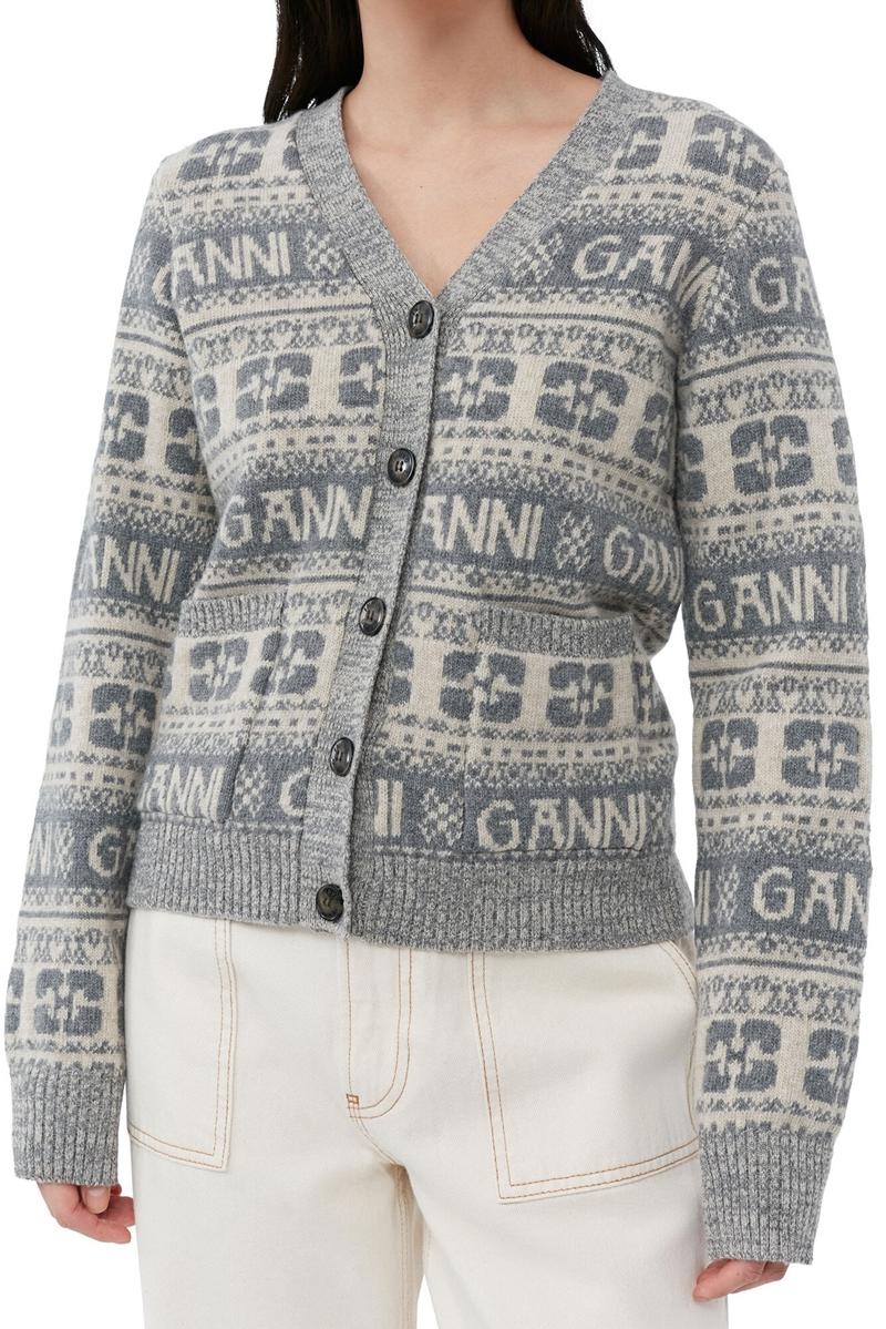 Ganni Logo Wolle Mix Strickjacke Grau | MDKHY9742