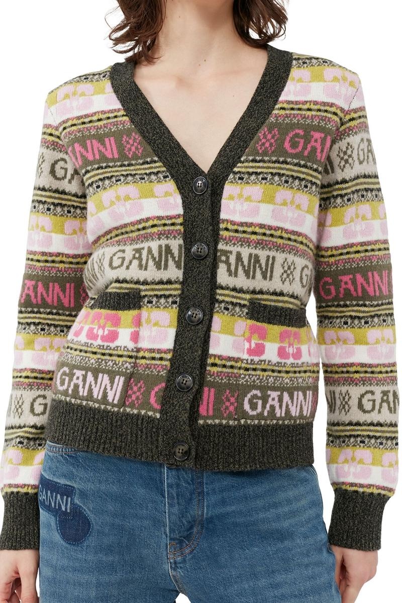 Ganni Logo Wolle Mix Strickjacke Mehrfarbig | VITFK9470