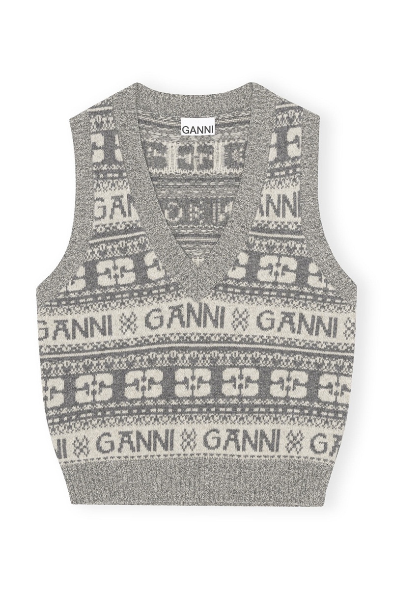 Ganni Logo Wolle Mix Weste Grau | FGKHA1372