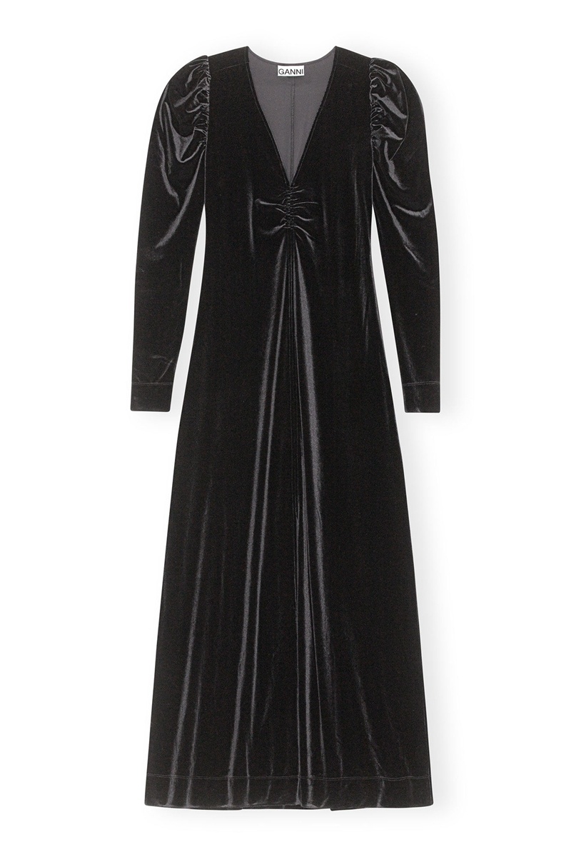 Ganni Long Velvet Kleid Schwarz | HTDXZ4091