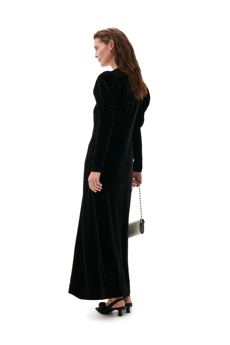 Ganni Long Velvet Kleid Schwarz | HTDXZ4091