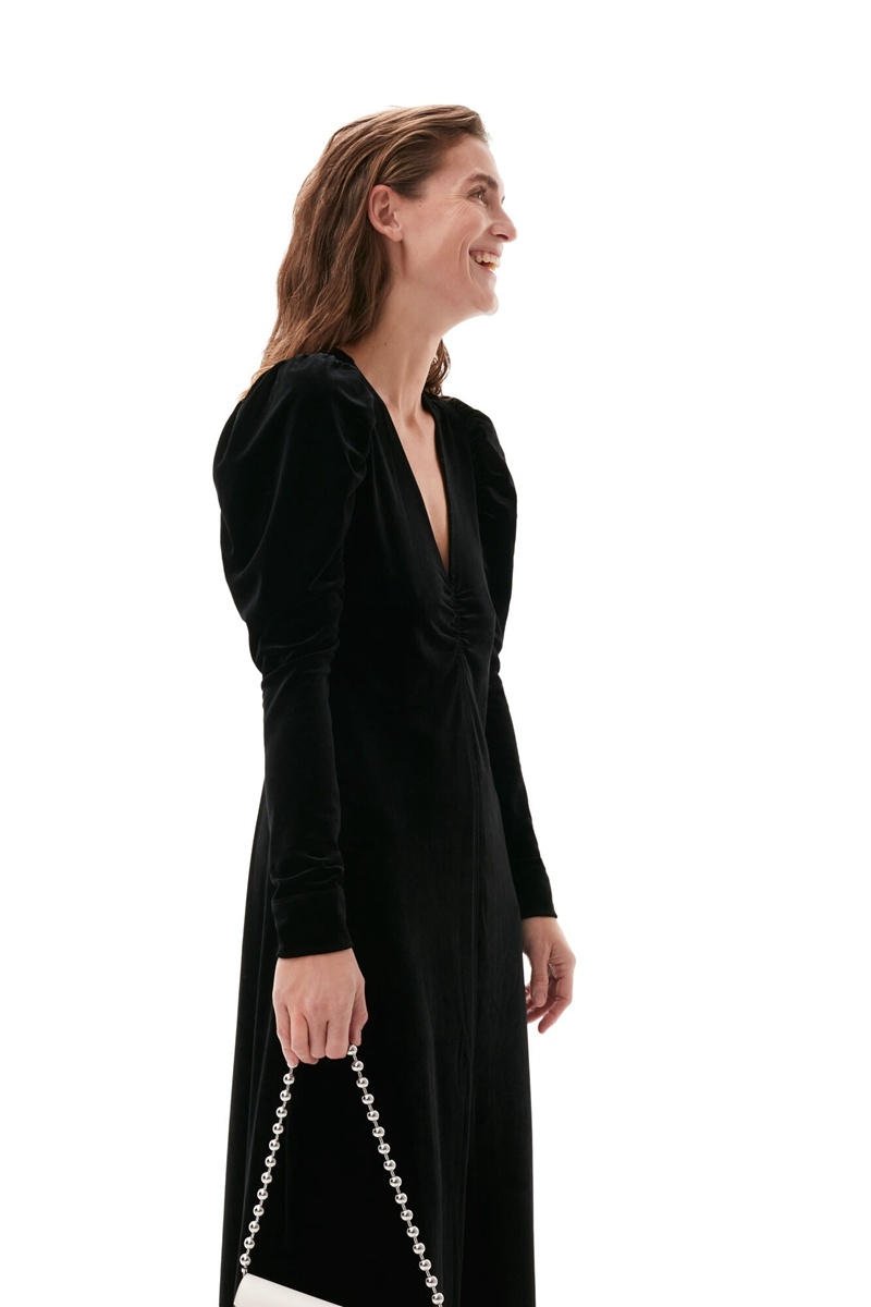 Ganni Long Velvet Kleid Schwarz | HTDXZ4091