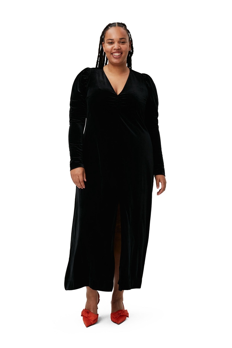 Ganni Long Velvet Kleid Schwarz | HTDXZ4091