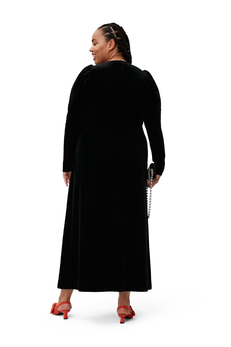 Ganni Long Velvet Kleid Schwarz | HTDXZ4091