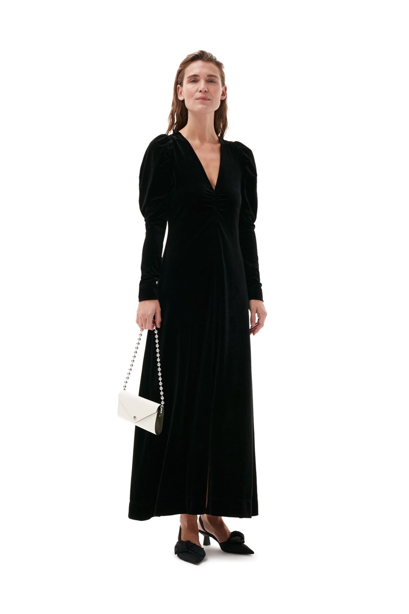 Ganni Long Velvet Kleid Schwarz | HTDXZ4091