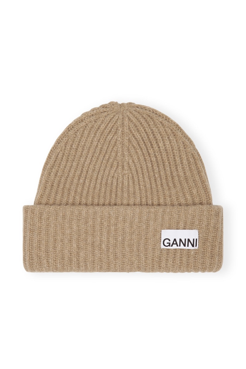 Ganni Loose Wolle Rib Knit Mütze Khaki | DSTHA8675