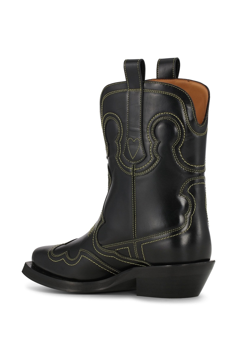 Ganni Low Shaft Embroidered Westernstiefel Schwarz Gelb | IHZKL8349