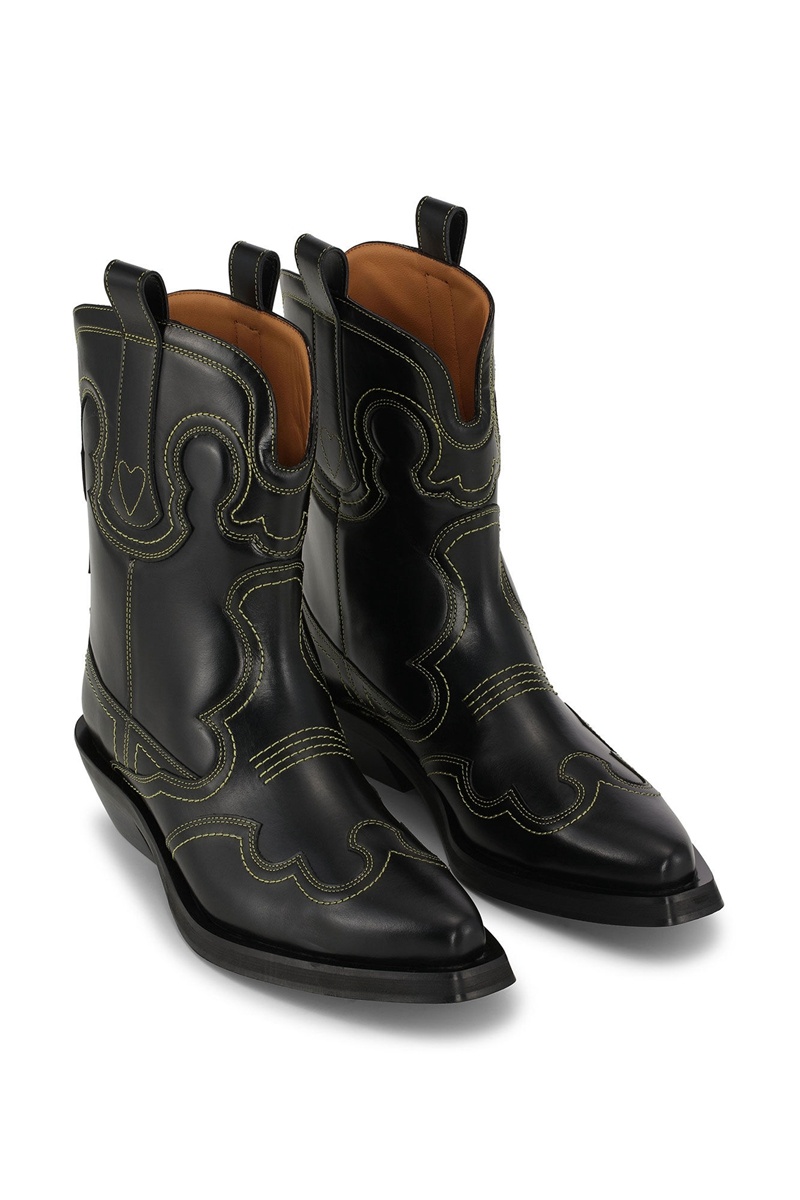 Ganni Low Shaft Embroidered Westernstiefel Schwarz Gelb | IHZKL8349