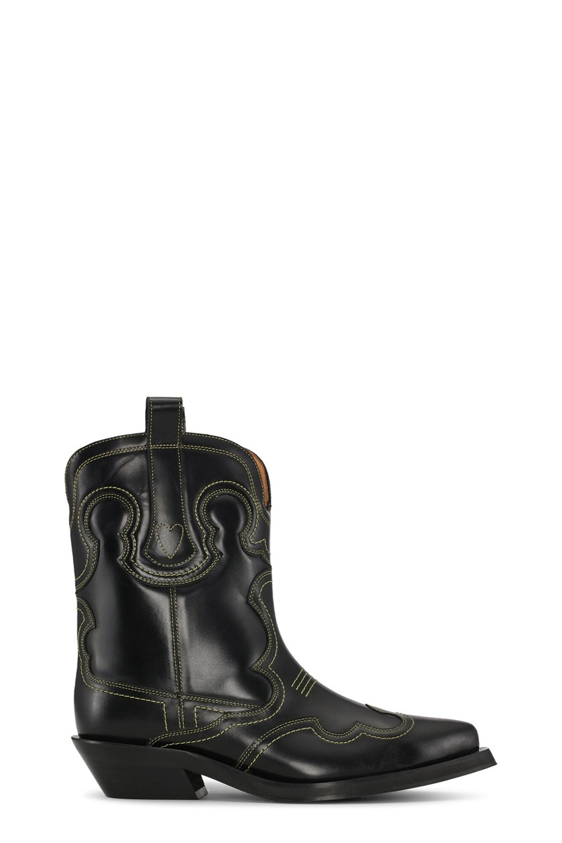 Ganni Low Shaft Embroidered Westernstiefel Schwarz Gelb | IHZKL8349