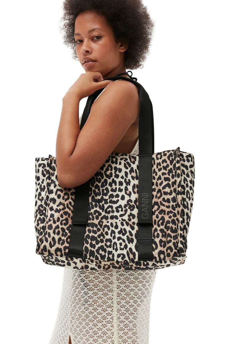 Ganni Medium Leopard Tech Tragetasche Leopard | DZRBQ2956