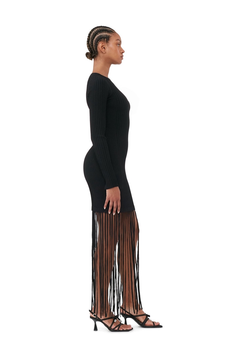 Ganni Melange Knit Fringe Minikleid Schwarz | ZPWOV1428