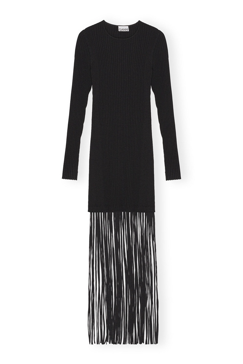 Ganni Melange Knit Fringe Minikleid Schwarz | ZPWOV1428