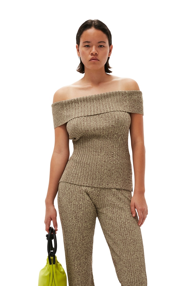 Ganni Melange Knit Off Shoulder Oberteile Braun | TDXMH8092