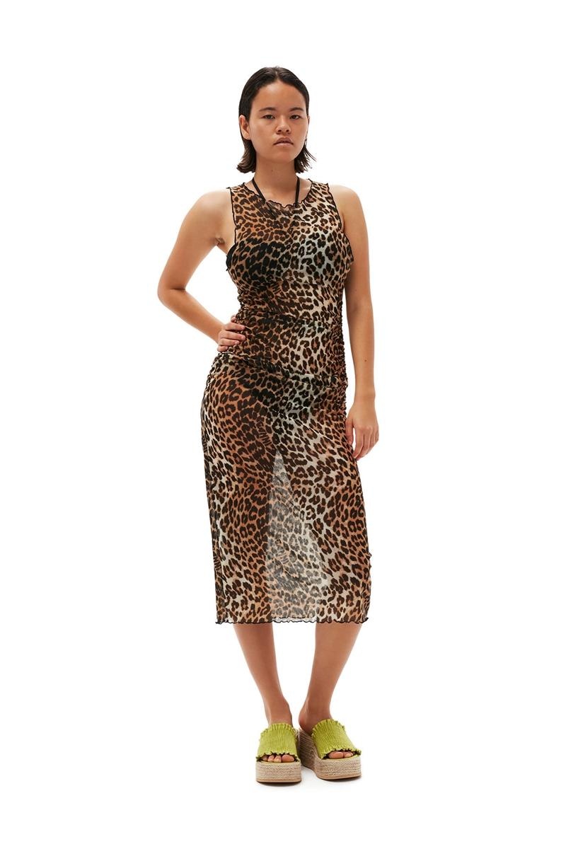 Ganni Mesh Cover Up Ärmellose Kleid Leopard | VIRJP7923