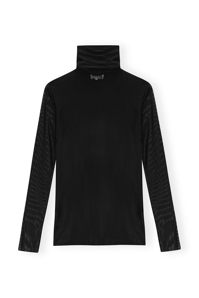 Ganni Mesh Long Sleeve Roll Neck Oberteile Schwarz | FUVSR5741