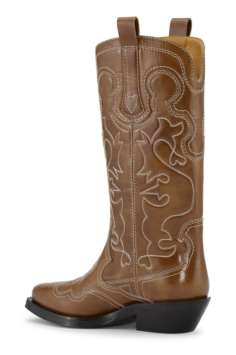 Ganni Mid Shaft Embroidered Westernstiefel Braun | XTPUG4367