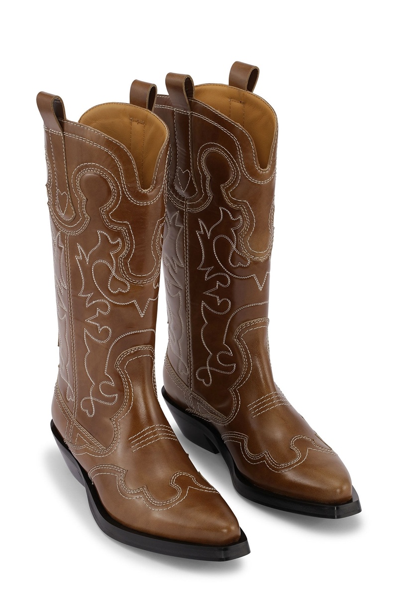 Ganni Mid Shaft Embroidered Westernstiefel Braun | XTPUG4367