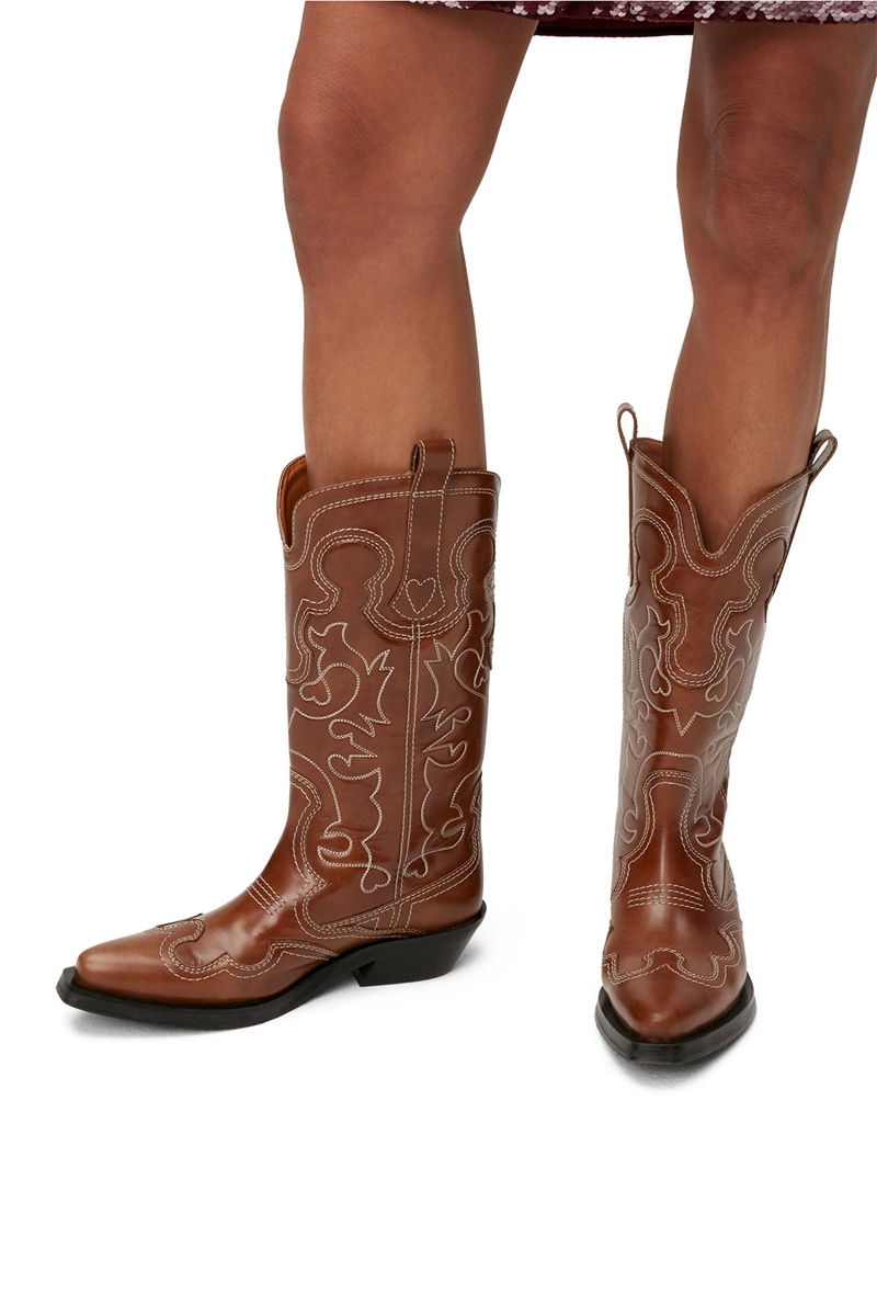 Ganni Mid Shaft Embroidered Westernstiefel Braun | XTPUG4367