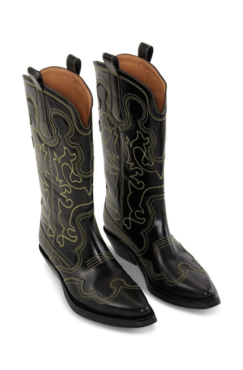 Ganni Mid Shaft Embroidered Westernstiefel Schwarz | FLOGW0186