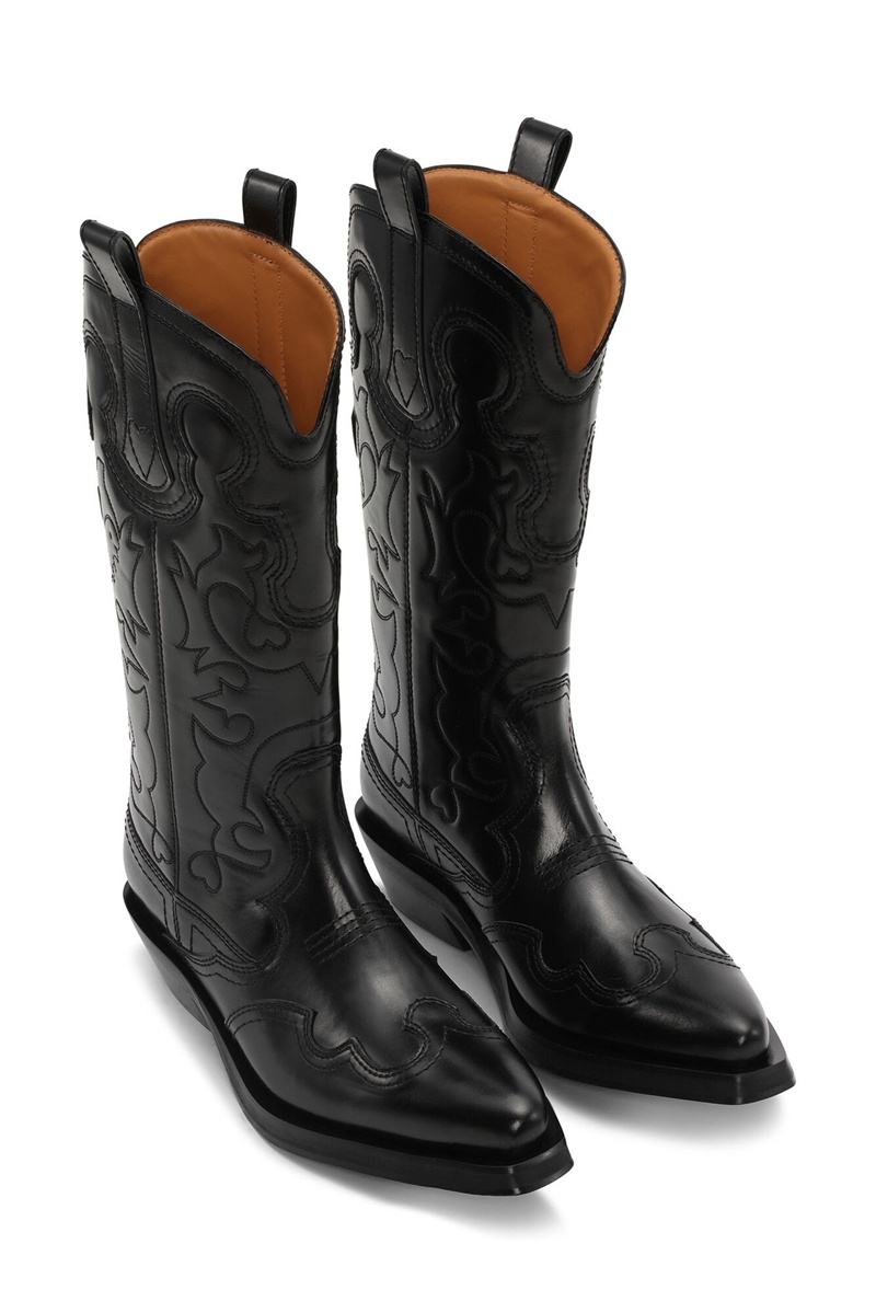 Ganni Mid Shaft Embroidered Westernstiefel Schwarz | AJPBQ0256