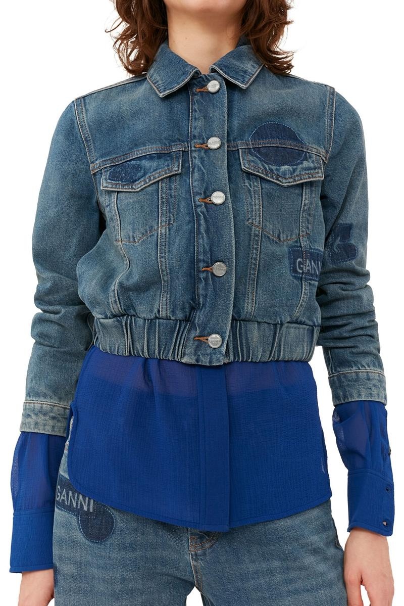 Ganni Patch Denim Bomber Jacken Waschen | CIEZK4016