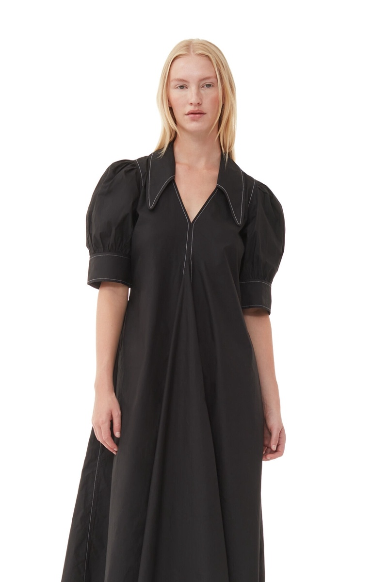 Ganni Poplin Midi-kleid Schwarz | QPUJR4521