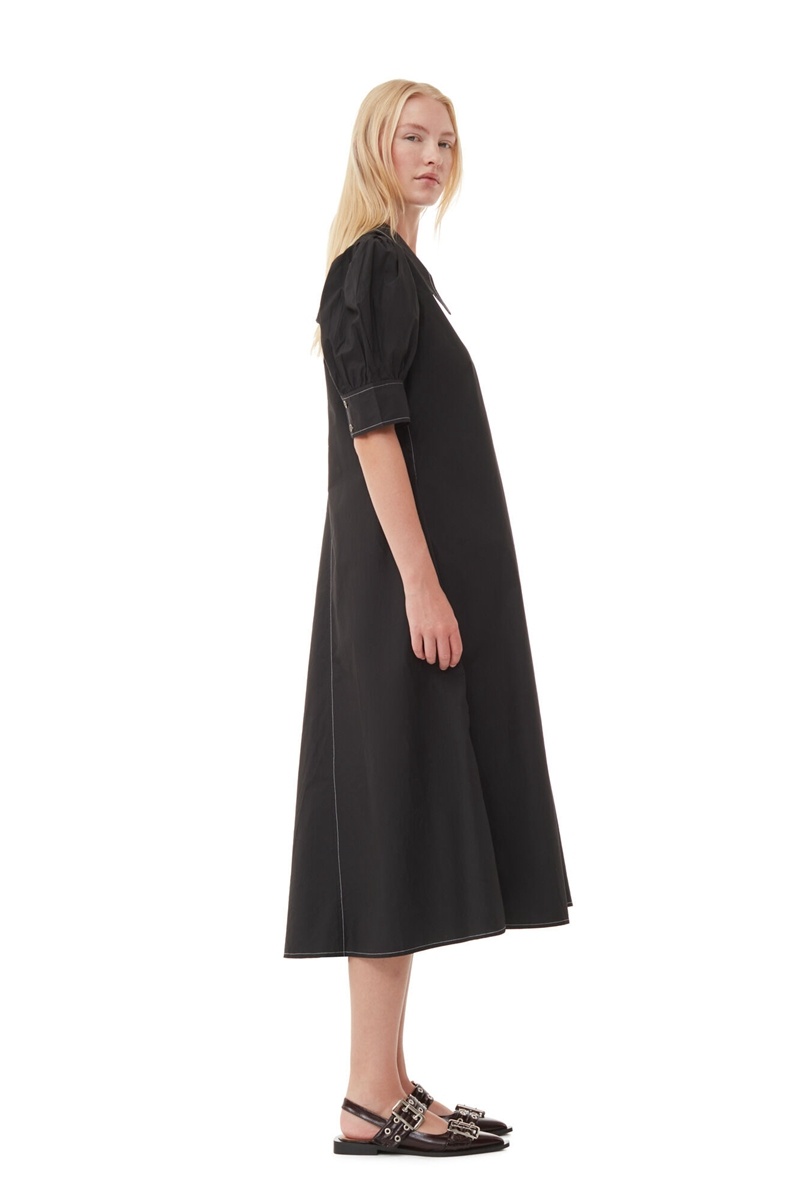 Ganni Poplin Midi-kleid Schwarz | QPUJR4521