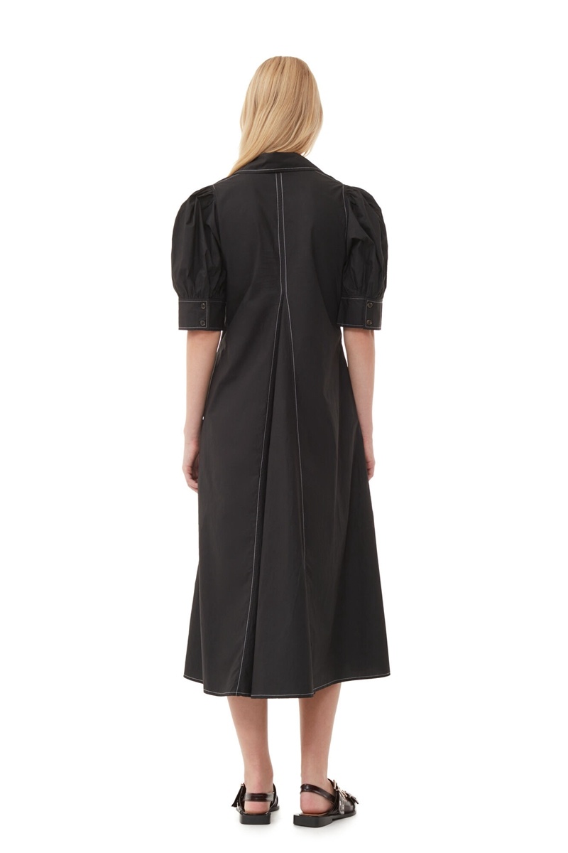 Ganni Poplin Midi-kleid Schwarz | QPUJR4521