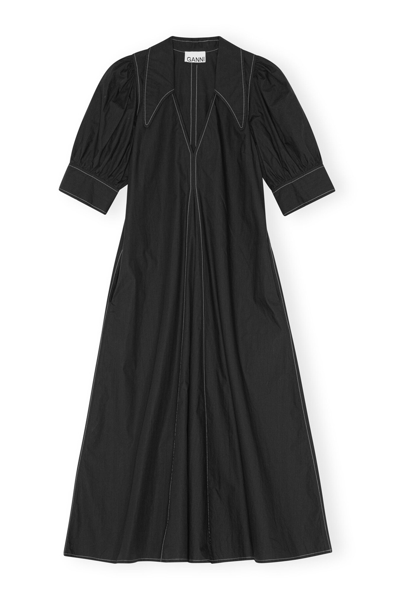 Ganni Poplin Midi-kleid Schwarz | QPUJR4521