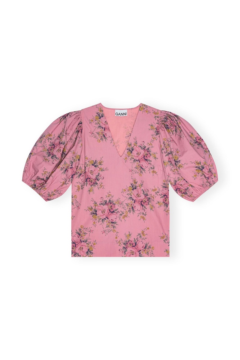 Ganni Printed Baumwoll V-neck Bluse Lila | XOULW4591