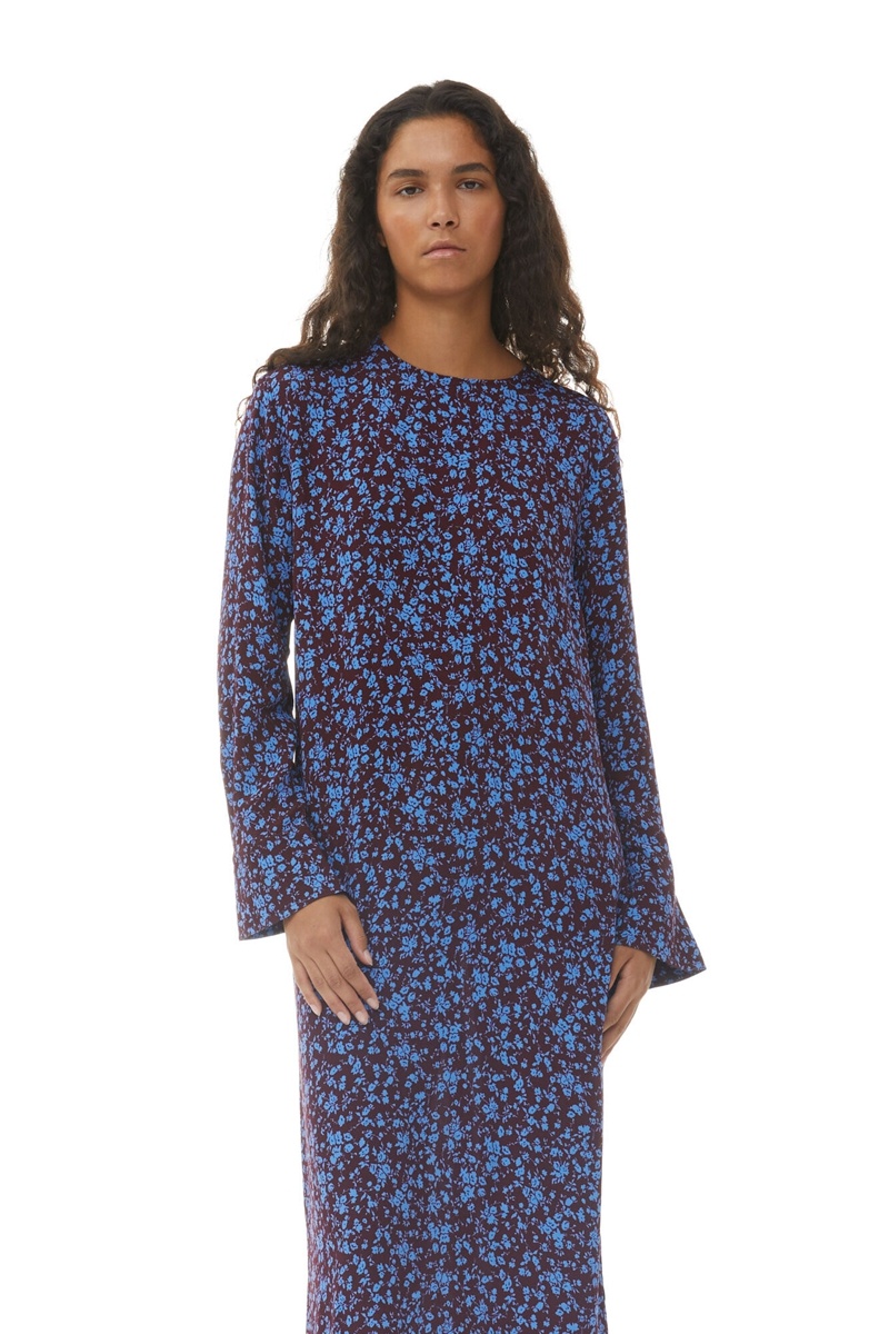 Ganni Printed Crepe Midi-kleid Blau Bordeaux | OGNFH5102