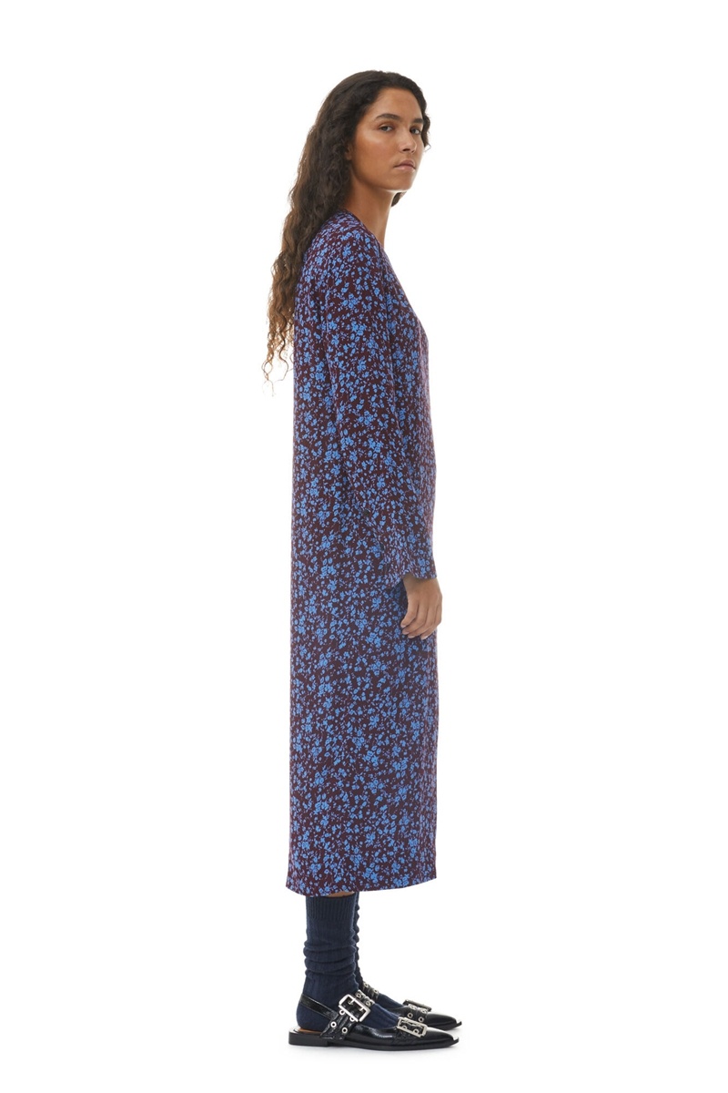 Ganni Printed Crepe Midi-kleid Blau Bordeaux | OGNFH5102