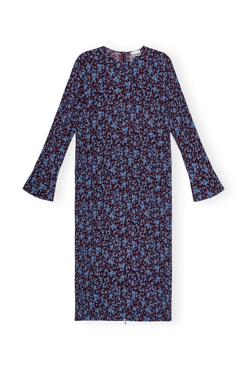 Ganni Printed Crepe Midi-kleid Blau Bordeaux | OGNFH5102