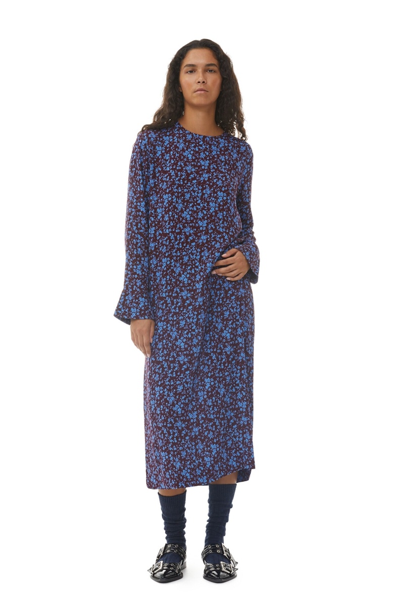 Ganni Printed Crepe Midi-kleid Blau Bordeaux | OGNFH5102