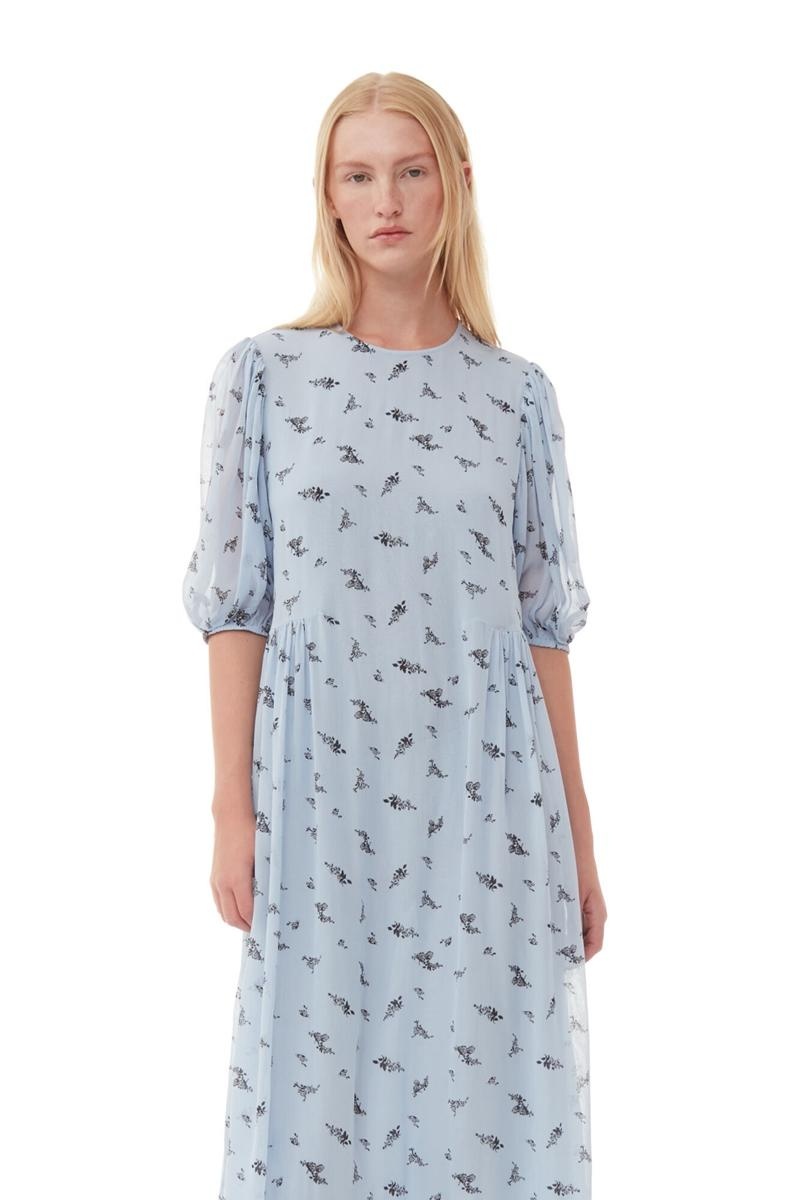 Ganni Printed Georgette Puff Sleeve Midi-kleid Blau | LQEFY2617